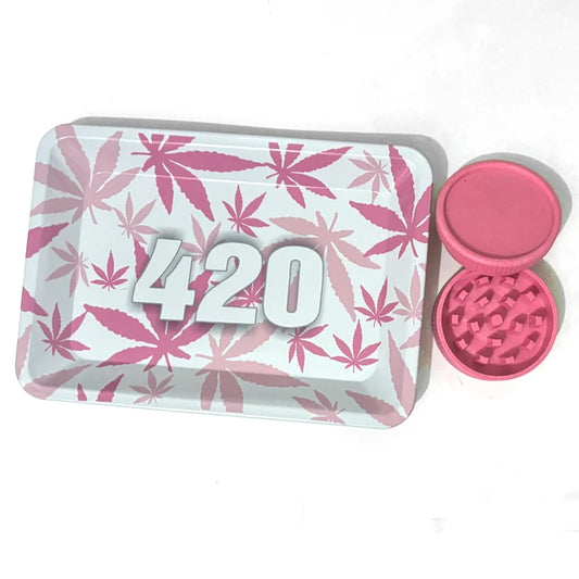 420 Pink Rolling Tray With grinder