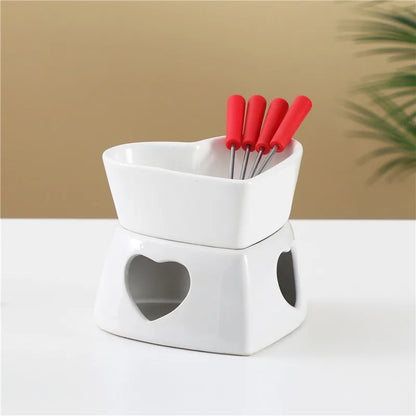 Large Heart Ceramic Chocolate Melting Cup - with 4 forks