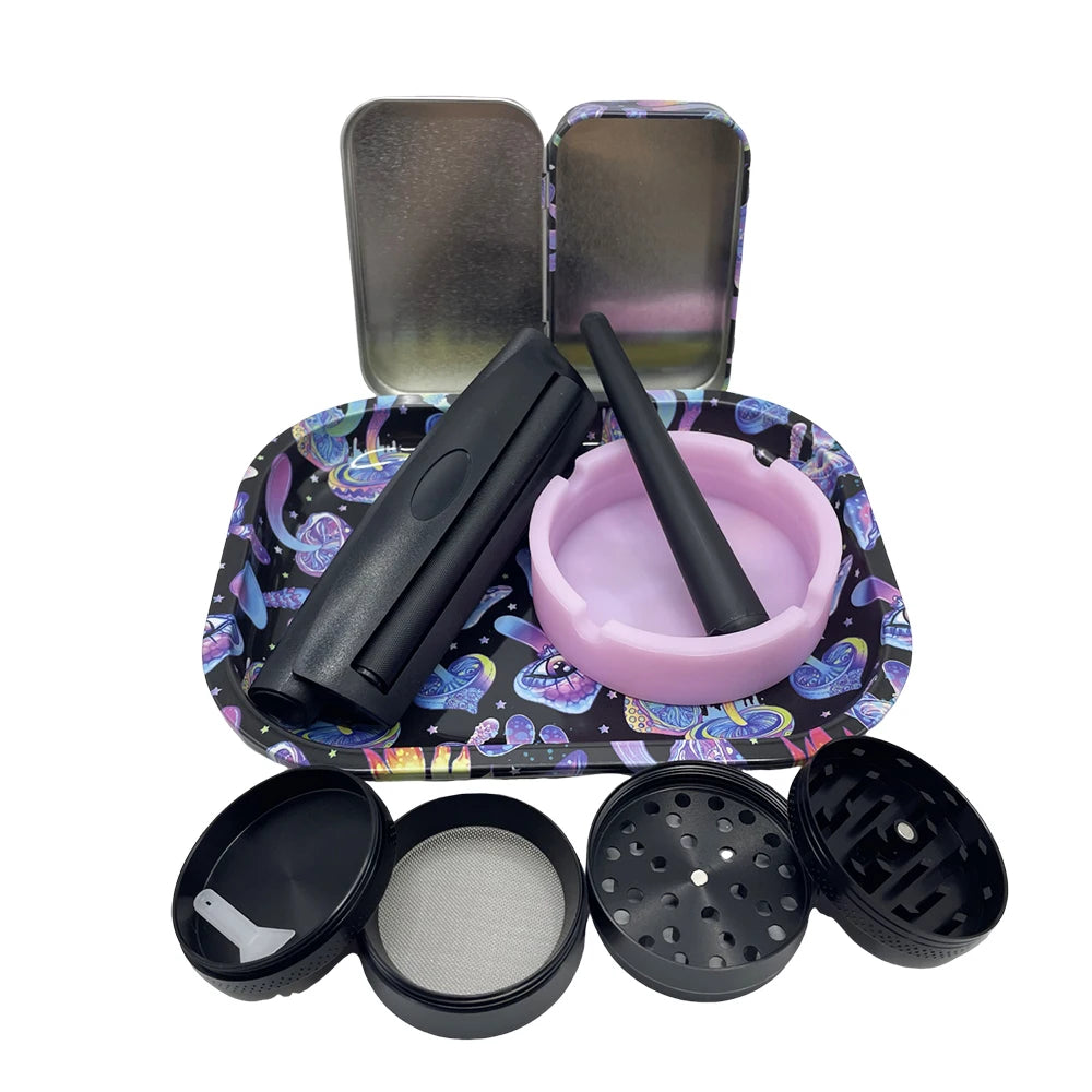 6pcs set- Ash Tray, Rolling Tray, Grinder, Storing Tin and Skin Holder for Rolling