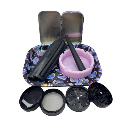 6pcs set- Ash Tray, Rolling Tray, Grinder, Storing Tin and Skin Holder for Rolling