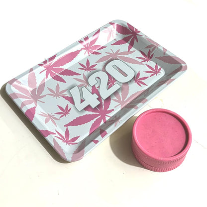 420 Pink Rolling Tray With grinder