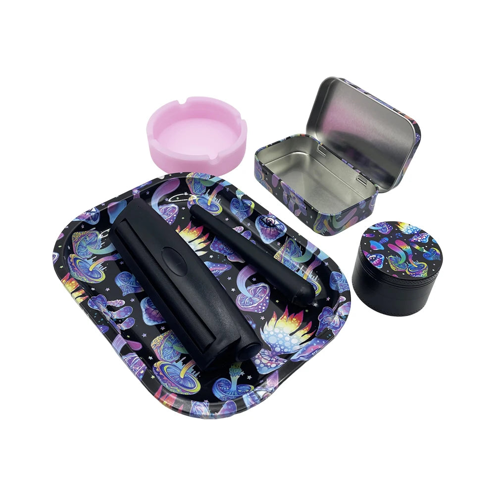 6pcs set- Ash Tray, Rolling Tray, Grinder, Storing Tin and Skin Holder for Rolling