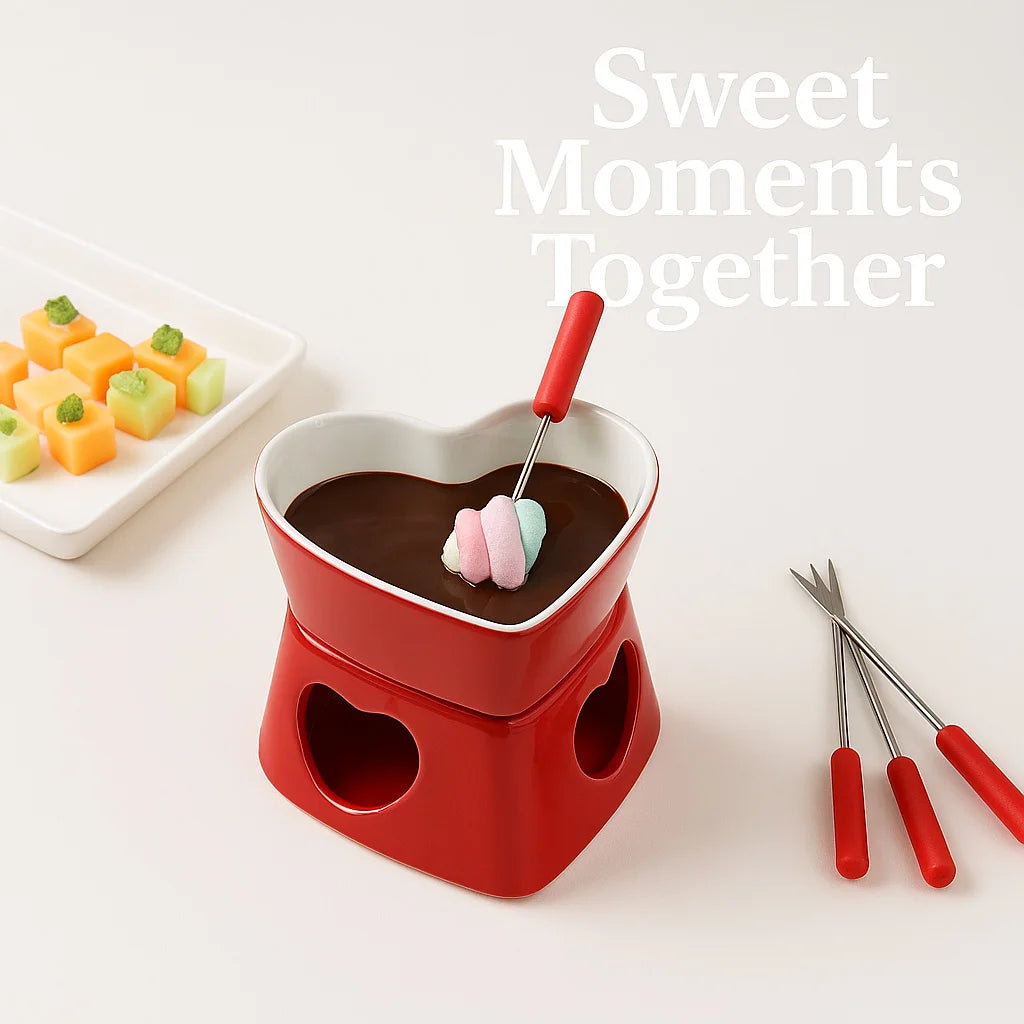 Large Heart Ceramic Chocolate Melting Cup - with 4 forks